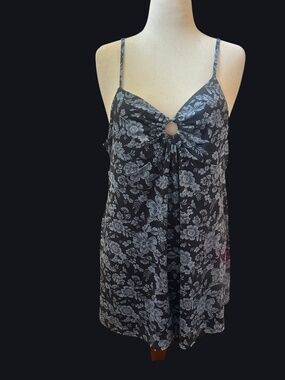 Floral Ring Front Babydoll Dress XXL | Black & Gray Floral Sleeveless Mini Dress